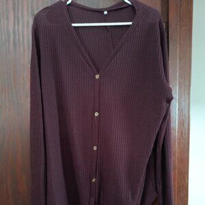 Plum Colored Waffle Knit Button-down long sleeve top with V-neck and tie front